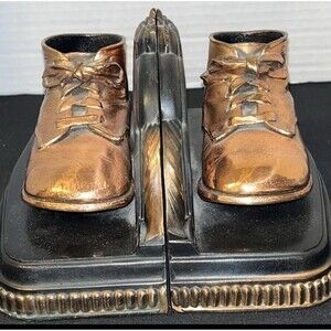 VTG Copper Bronze Dipped Baby Shoes Toddler Walking Boots Bookends Pair Decor